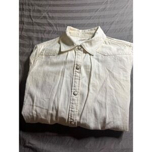 Faherty Brand Cream Denim Western Snap Button Down Shirt Mens Medium Off White